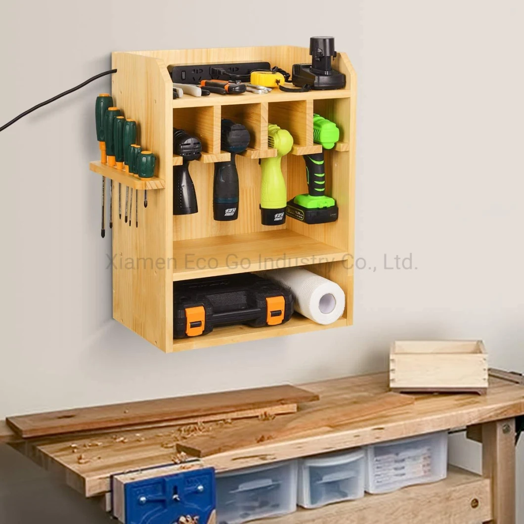 Wooden Bamboo Drill Charging Station, Power Tool Organizer, Cordless Drill Holder, Wall Mounted Tool Garage Storage Organizer