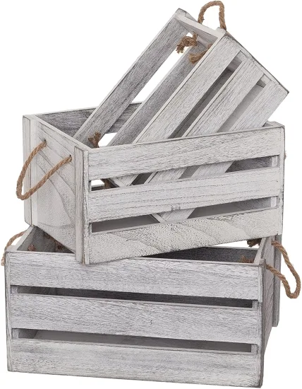 오픈 핸들이 있는 빈티지 소박한 흰색 회색 목재 장식 보관 상자 - 다목적 나무 상자/욕실 주방 세탁 과일 상자
